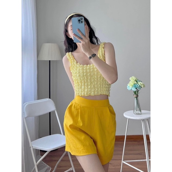 Áo croptop hai dây bản vừa cổ vuông chất xốp nhún 394 FIORI STORE