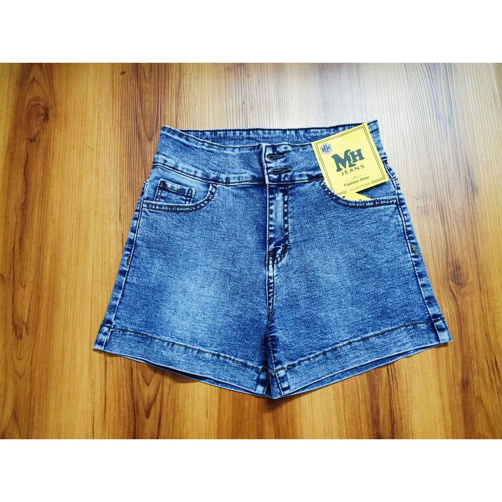 Quần sọt jean nữ lưng cao 2 nút mẫu trơn co giãn màu xanh nhạt