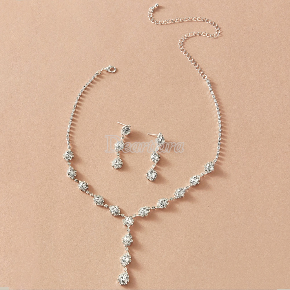 Bộ Vòng cổ + Bông Tai Đính Kim Cương Nhân Tạo Thời Trang