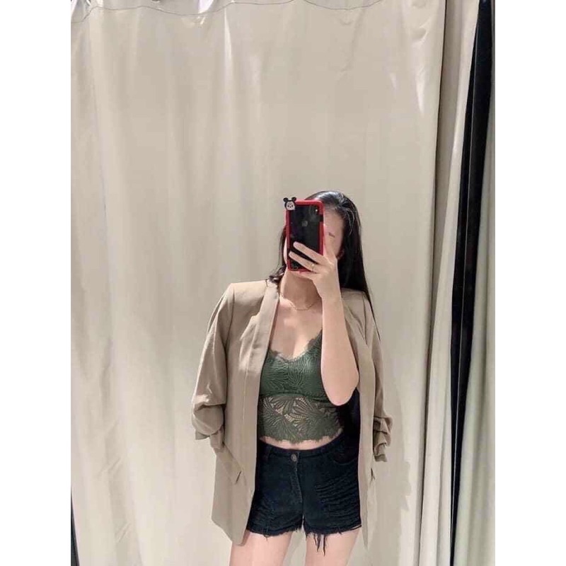 [FREESHIP]Áo bra croptop hai dây ren màu rêu sẵn mút ngực mặc trong áo sơ mi, vest, blazer mặc tập gym đi biển siêu xinh