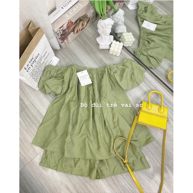 Sét bộ áo trễ vai tay bồng kèm quần sooc đùi 2 màu trắng xanh bơ siêu xinh chất đũi xước xịn chuẩn ảnh