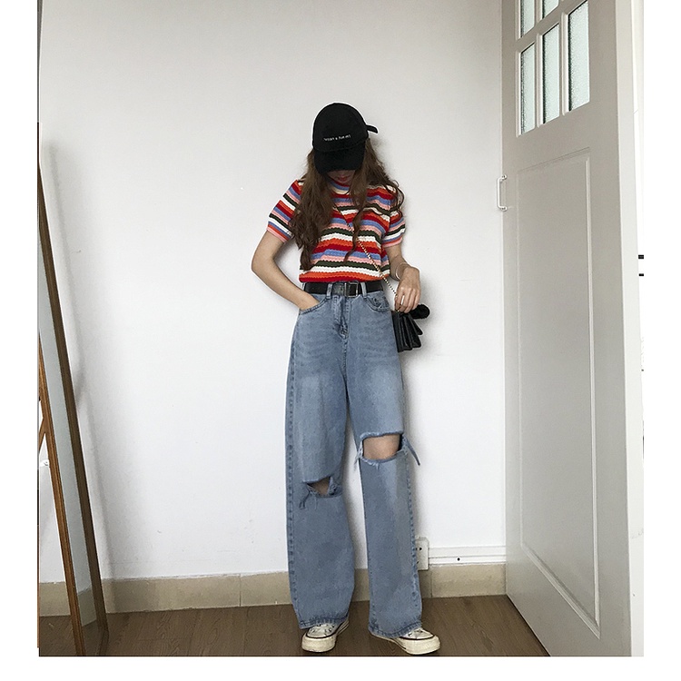 Quần jean rách SUXI ống rộng lưng cao màu trơn phong cách Hàn Quốc dành cho nữ