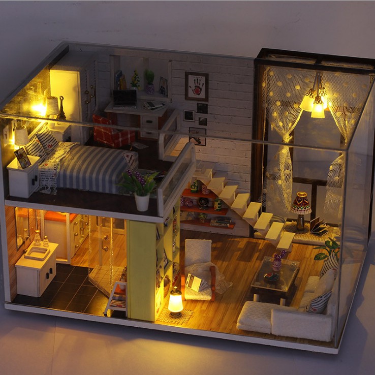 Mô hình nhà DIY Doll House Contracted City Kèm Mica chống bụi, Bộ dụng cụ và Keo dán