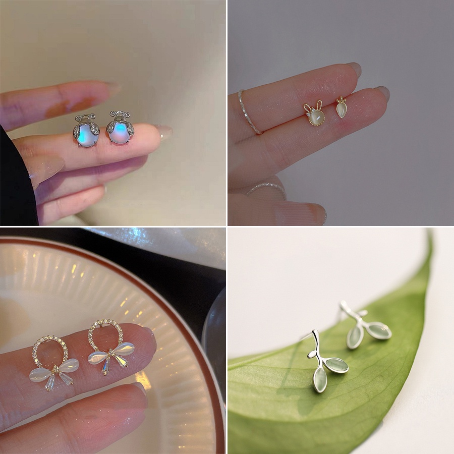 Đôi khuyên tai BELLA-BEE dạng xỏ thiết kế cà rốt tai thỏ/ chiếc lá/ đá opal xanh lá/ nơ/ bọ rùa thời trang xinh xắn