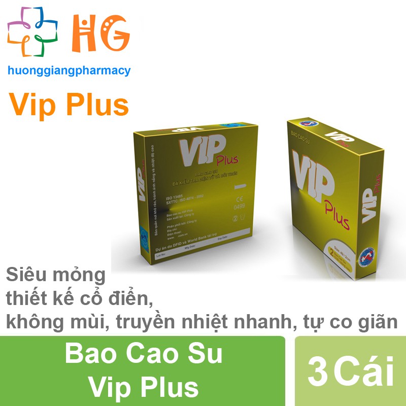 Bao Cao Su Vip Plus - Siêu mỏng, trơn, không mùi, truyền nhiệt nhanh, tự co giãn (Hộp 3 Cái)