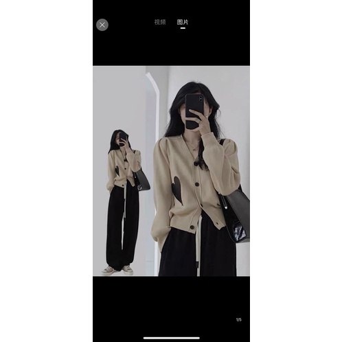 Áo cadigan len phối hình trái tim cúc mở cổ tim