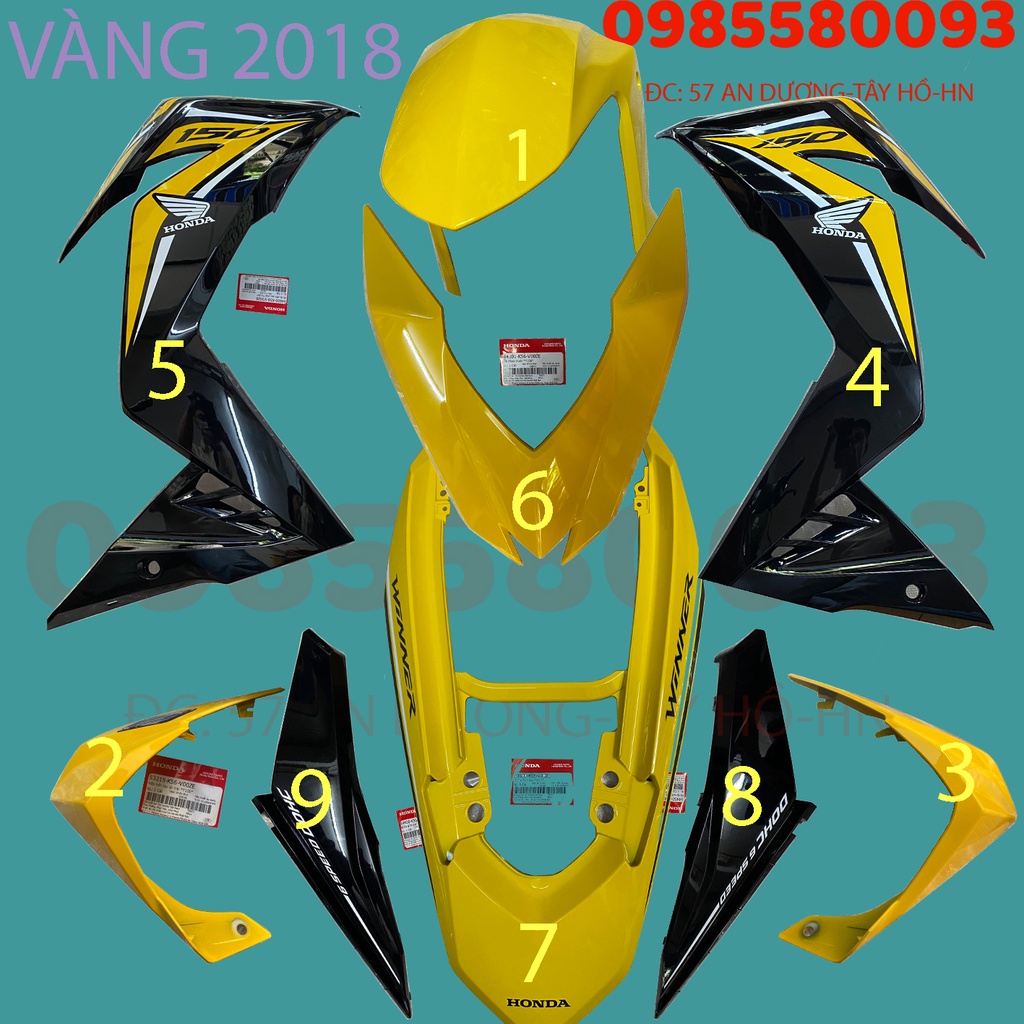 Dàn áo, Bộ nhựa, Vỏ xe Winner V1 Vàng đời 2018 Zin chính hãng Honda (bán lẻ). Tặng chốt cài và kẹp nhựa trắng