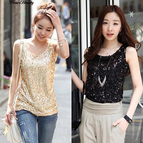 Áo Nữ Không Tay Cổ Tròn Đính Kim Sa Thời Trang