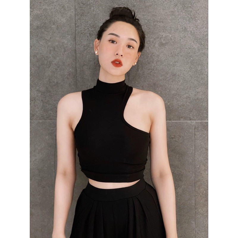 Croptop dệt kim mịn khoét lệch sẵn mút