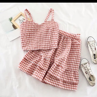 Set đồ áo hai dây + chân váy kẻ caro
