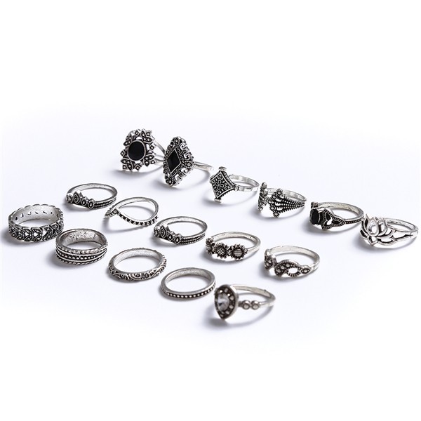 Set 15 nhẫn mini màu bạc đính đá phong cách Bohemia thời trang