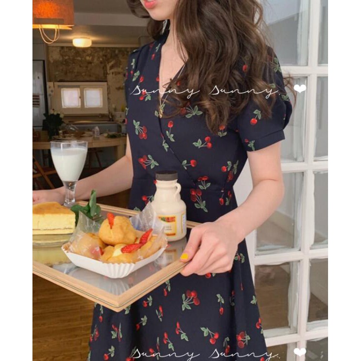 Đầm Tay Phồng Cổ Chữ V In Họa Tiết Trái Cherry Xinh Xắn Dành Cho Nữ 27849