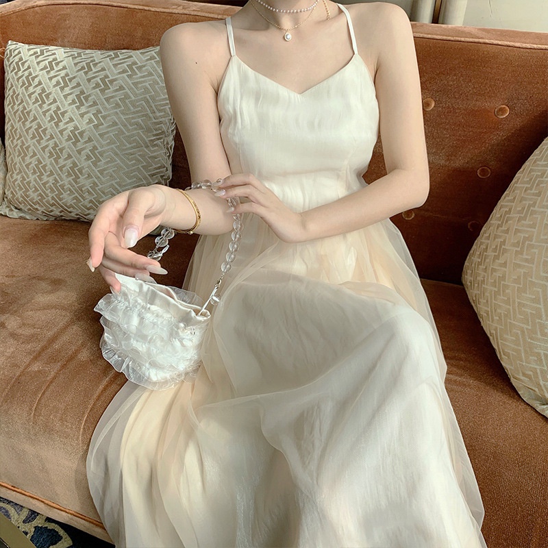 IELGY Đầm Dài Không Tay Cổ Chữ V Màu Trơn Thời Trang Dành Cho Nữ