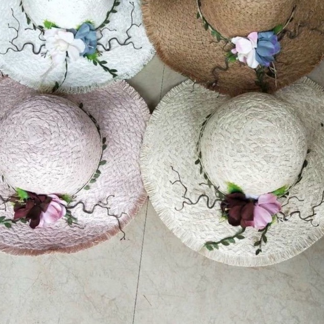 PVN28181 - Nón cói đi biển vành to,mũ cói đi biển đính hoa vành to T2