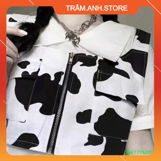 💝👗 ÁO CROPTOP GILE DÁNG BA LỖ HỌA TIẾT BÒ SỮA KHÓA KÉO ULZZANG - Áo khoác gile croptop bò sữa 👑