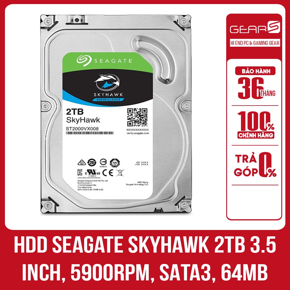 Ổ cứng HDD Seagate SkyHawk 2TB 3.5 inch, 5900RPM, SATA3, 64MB Cache - Bảo hành chính hãng 36 Tháng