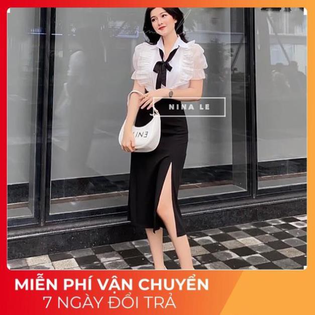 [ 𝐅𝐑𝐄𝐄 𝐒𝐇𝐈𝐏 ] Set Sơ Mi Viền Ren Họa Tiết Thắt Nơ Cổ Mix Chân Váy Xẻ