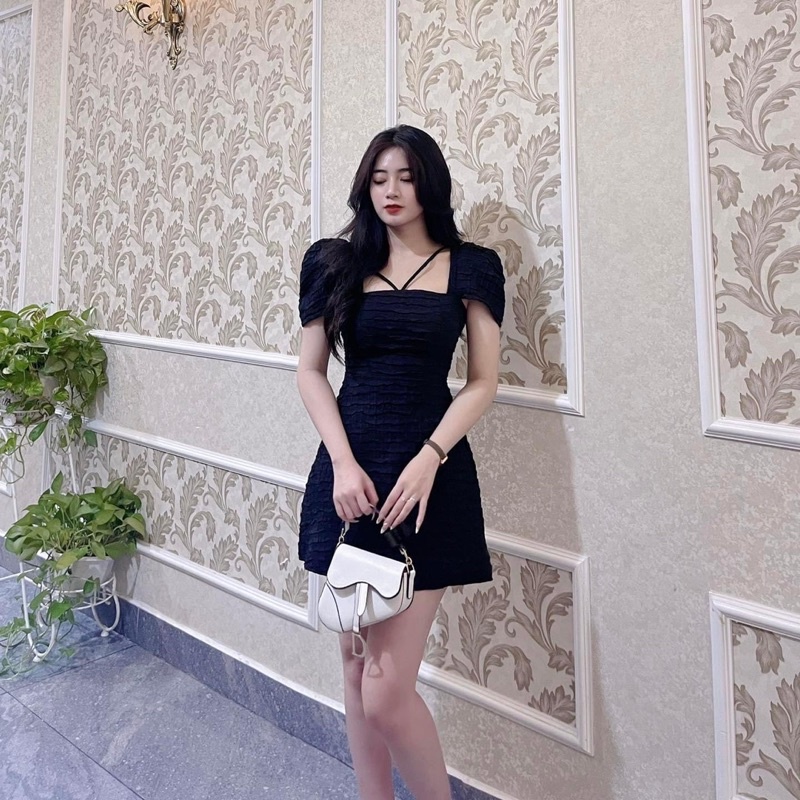 Váy xốp cổ vuông dây chéo điệu đà 2 màu