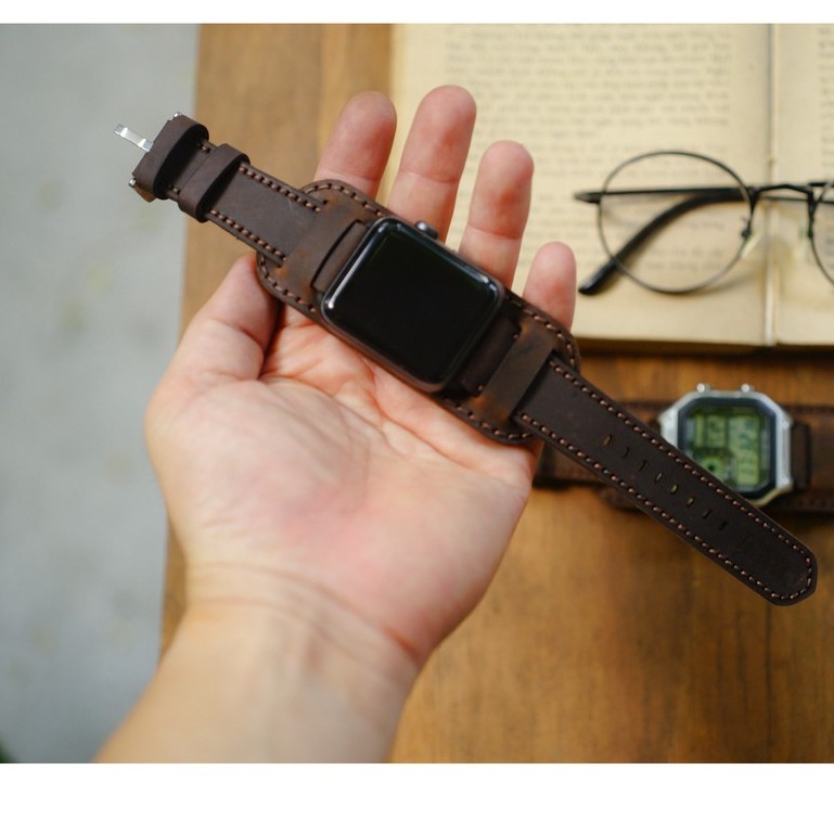 Dây apple watch da bò sáp nâu kiểu quân đội handmade bền chắc RAM Leather Bundstrap B1 - tặng khóa chốt và adapter