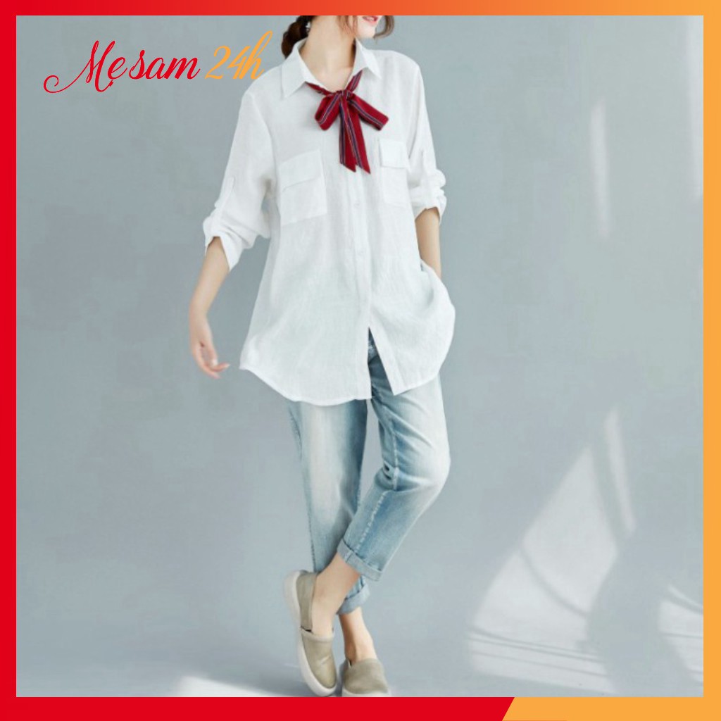 Áo sơ mi nữ dài tay form rộng, sơ mi đũi Mẹ Sam 24h, chất liệu mềm mát, size từ 40 đến 85kg SMH.47