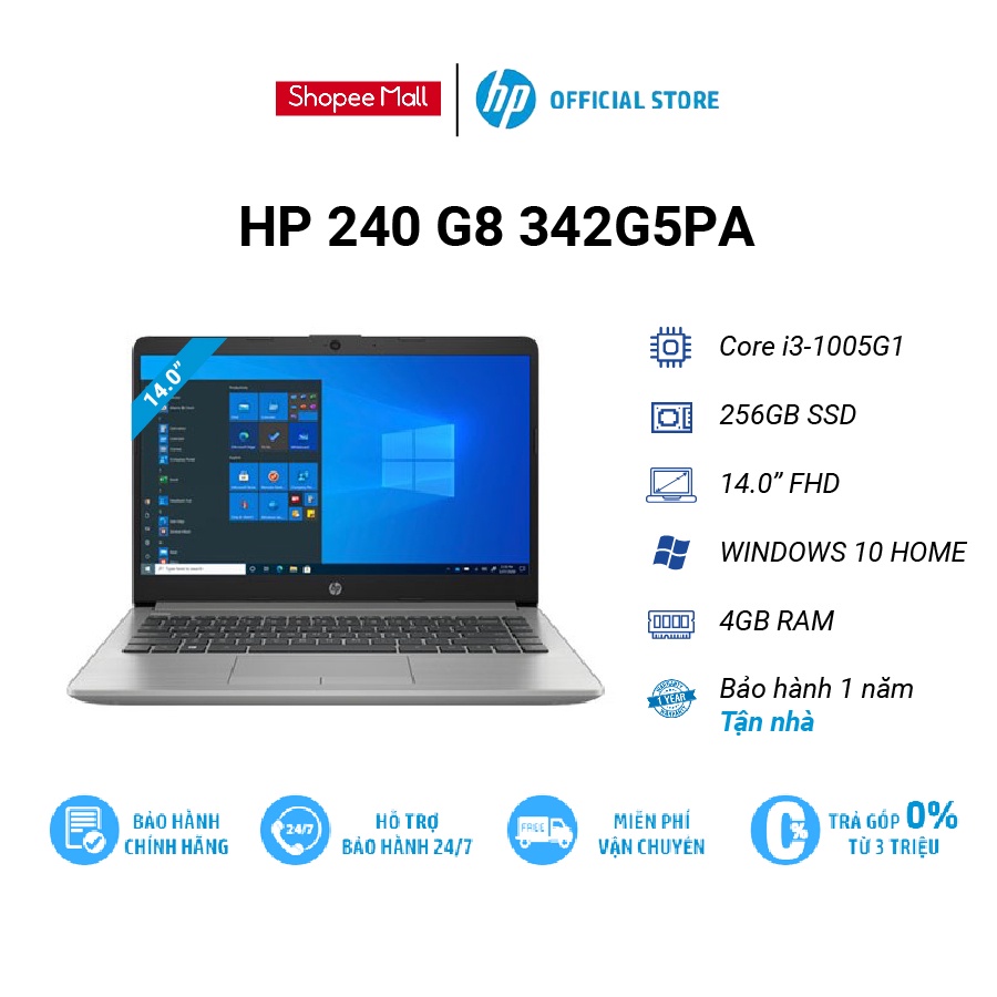 [Mã ELHP3TR giảm 12% đơn 500K] Laptop HP 240 G8 342G5PA i3 1005G1/4GD4/256GSSD/140FHD/Wlac/BT42/3C41WHr/BẠC/W10SL