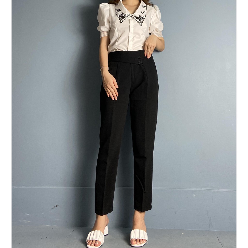 Quần baggy 2 cúc vạt lệch khóa sườn