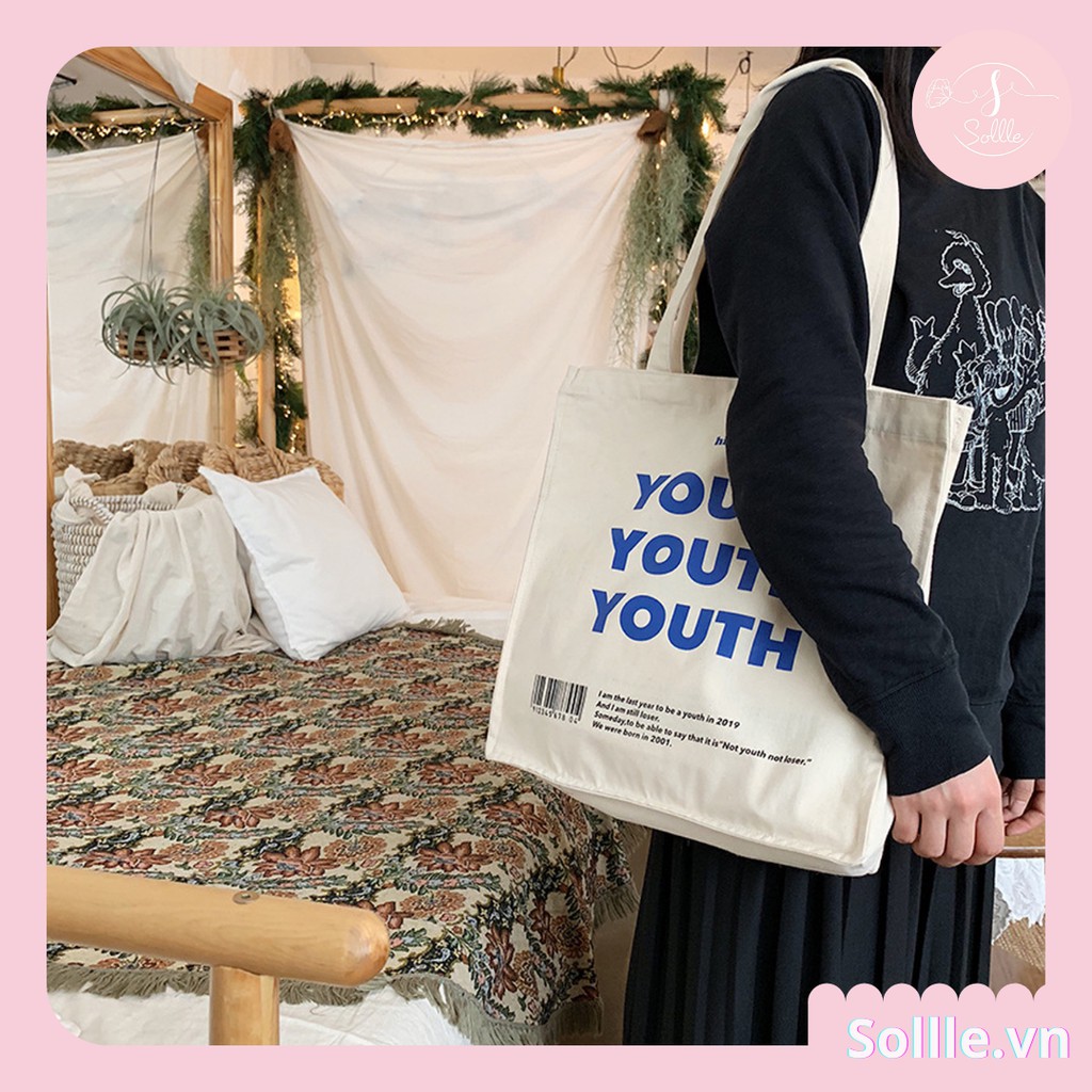 Túi tote vải canvas đáy vuông chữ YOUTH, túi vải bố Hàn Quốc bảo vệ môi trường TO01V