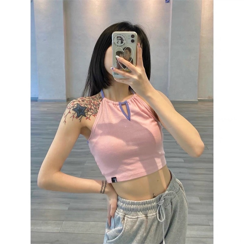 Áo croptop cổ yếm thắt nơ kiểu MIDI chất gân tăm phối màu cực xinh