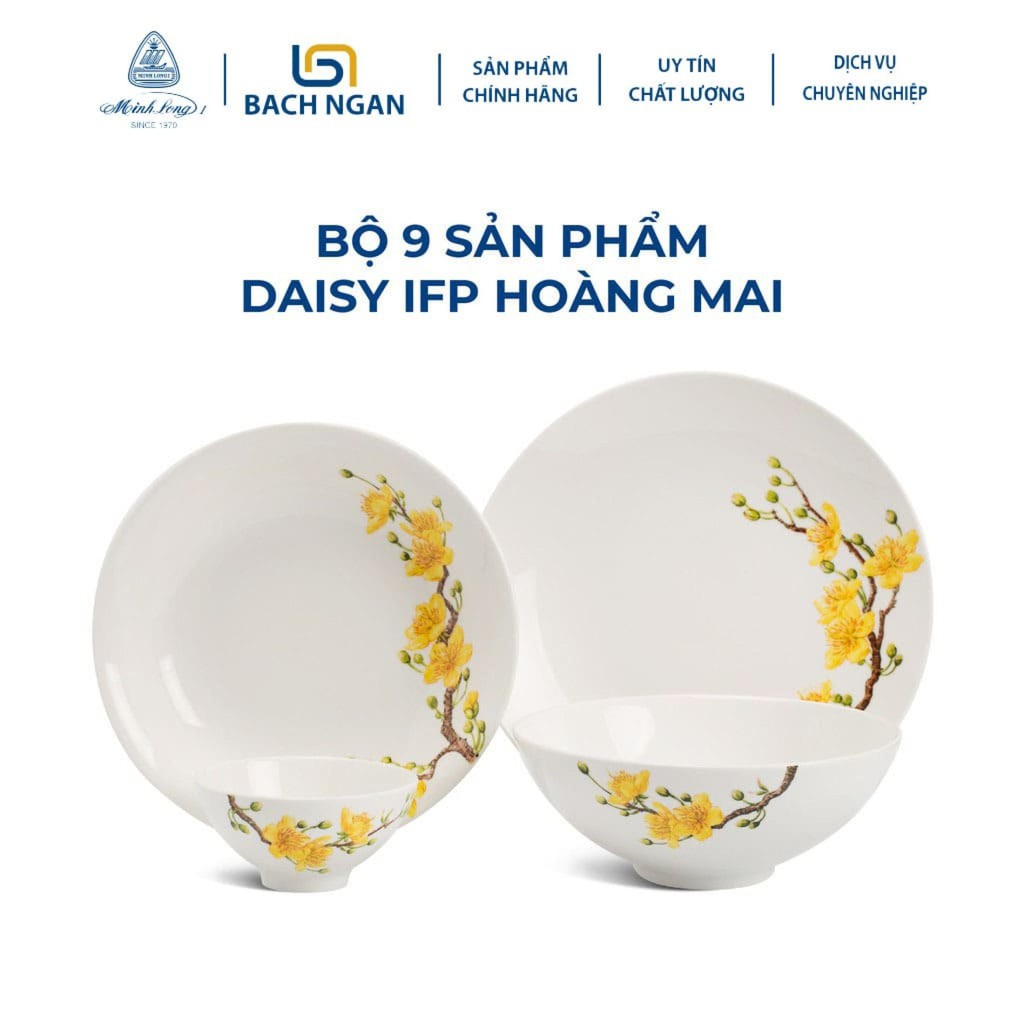 Bộ Chén Dĩa Sứ Cao Cấp Minh Long 9 sản phẩm Họa Tiết Hoàng Mai (S) đẹp, sang trọng phù hợp gia đình, đãi khách, tặng quà