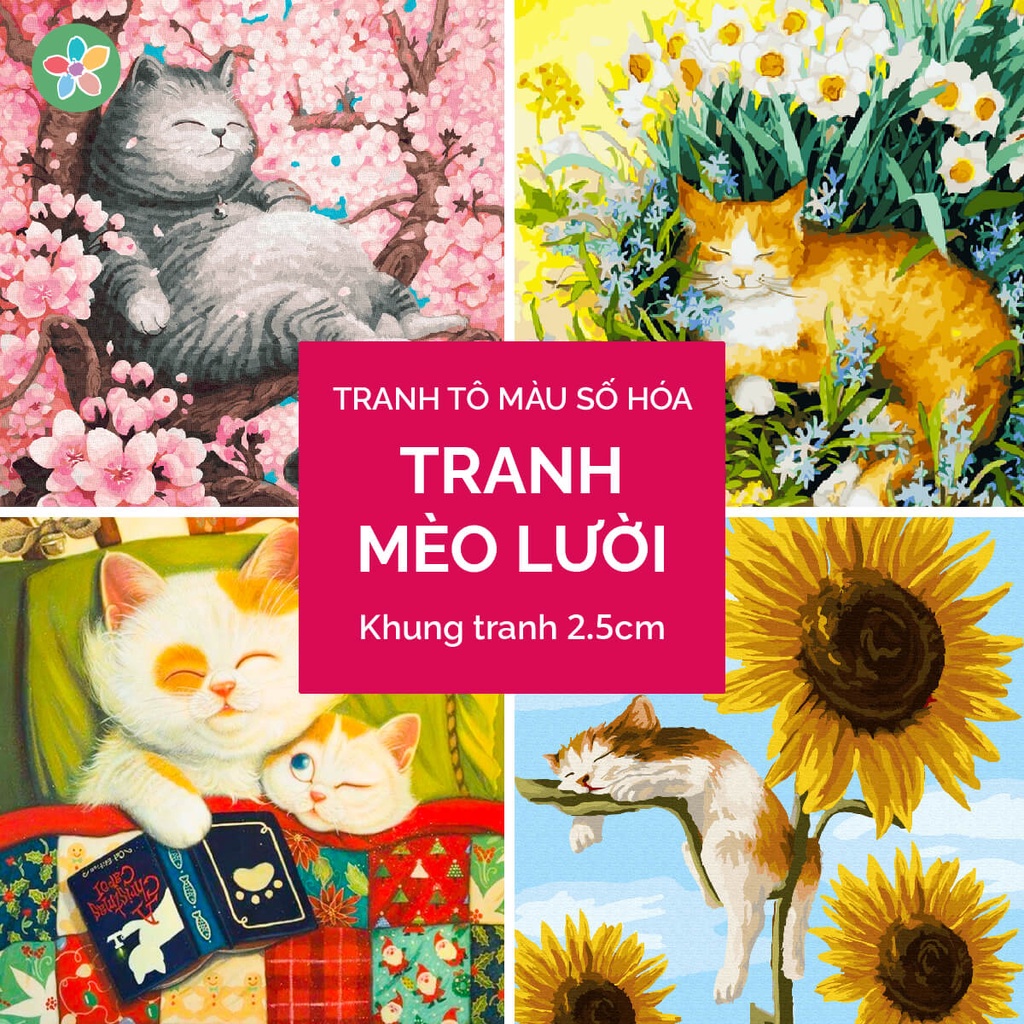 ✅Tranh tô màu theo số - Mèo lười đã căng khung 40x50cm