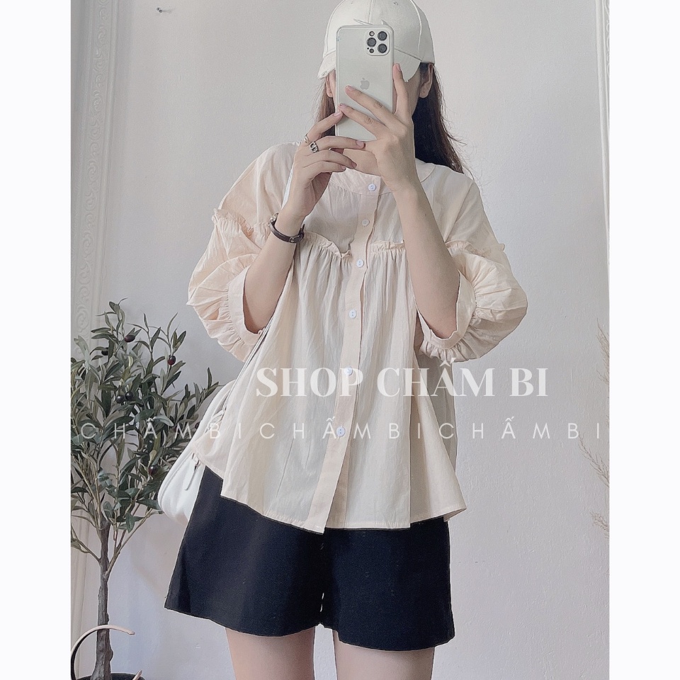 Set bộ nữ đi chơi S.049, Set áo kiểu tay lỡ bồng cổ tàu dáng babydoll bèo ngực cách điệu và quần short cạp chun
