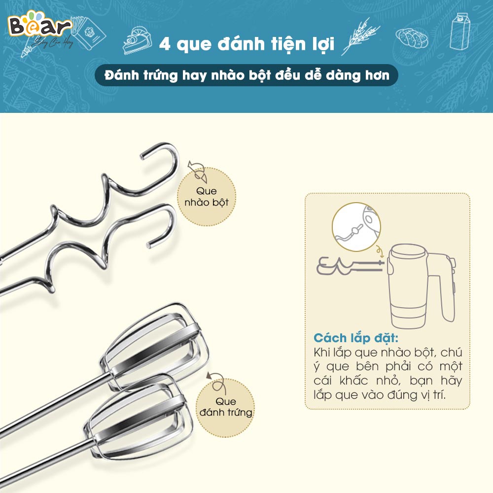 Máy Đánh Trứng Mini, Máy Đánh Kem, Trộn Bột Bear HM-B01V1, Đánh Kem Trứng, Trộn Bột Đa Năng, Bảo Hành 18 Tháng