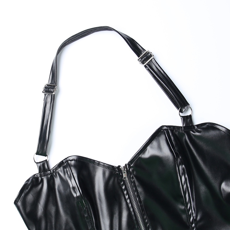 Áo Tank Top Da PU Phối Khóa Kéo Hở Lưng Quyến Rũ Thời Trang Cho Nữ