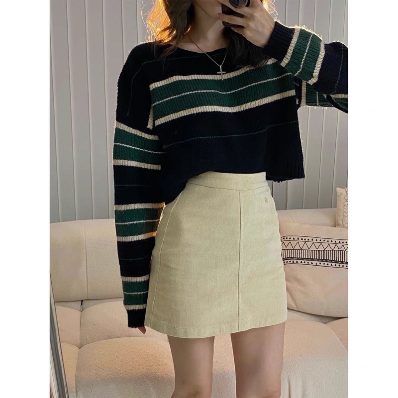 Áo len kẻ croptop 2 màu tocjean dày dặn