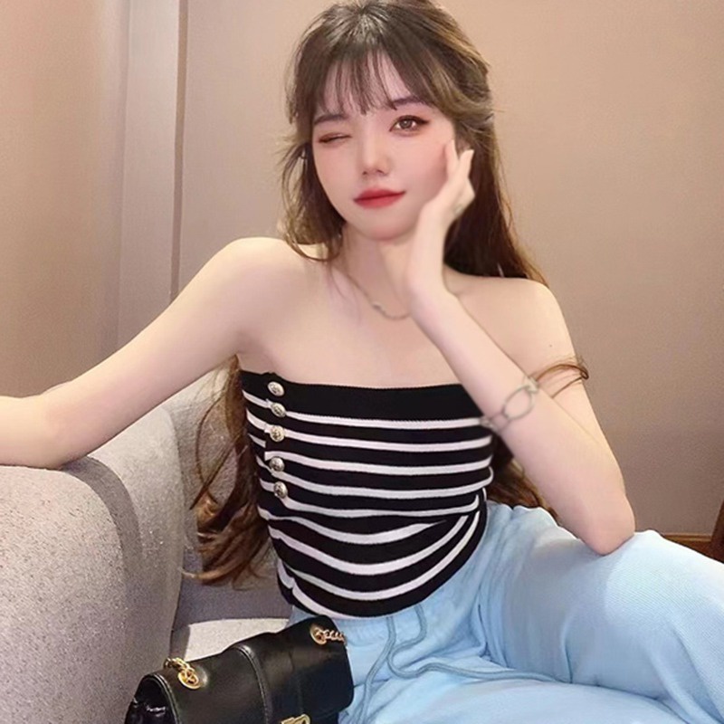 Áo Ống Ngắn Một Bên Vai Họa Tiết Kẻ Sọc Cho Nữ