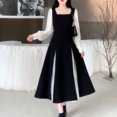 Đầm kiểu Perty cổ vuông phối lưới thời trang thu đông cho nữ