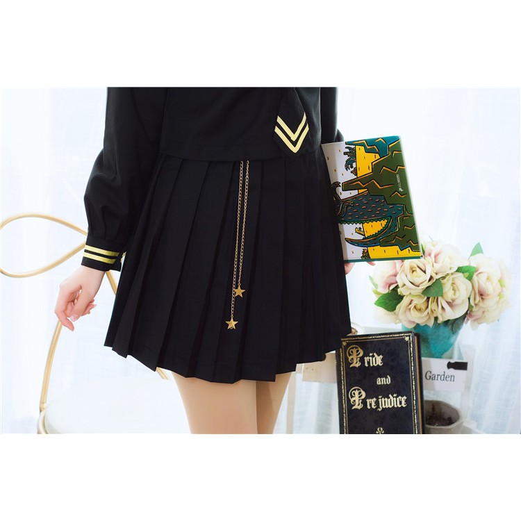 Seifuku/ Set váy đồng phục học sinh Nhật Bản đen sao băng: Áo croptop thủy thủ thắt cà vạt + Chân váy xếp li treo dây