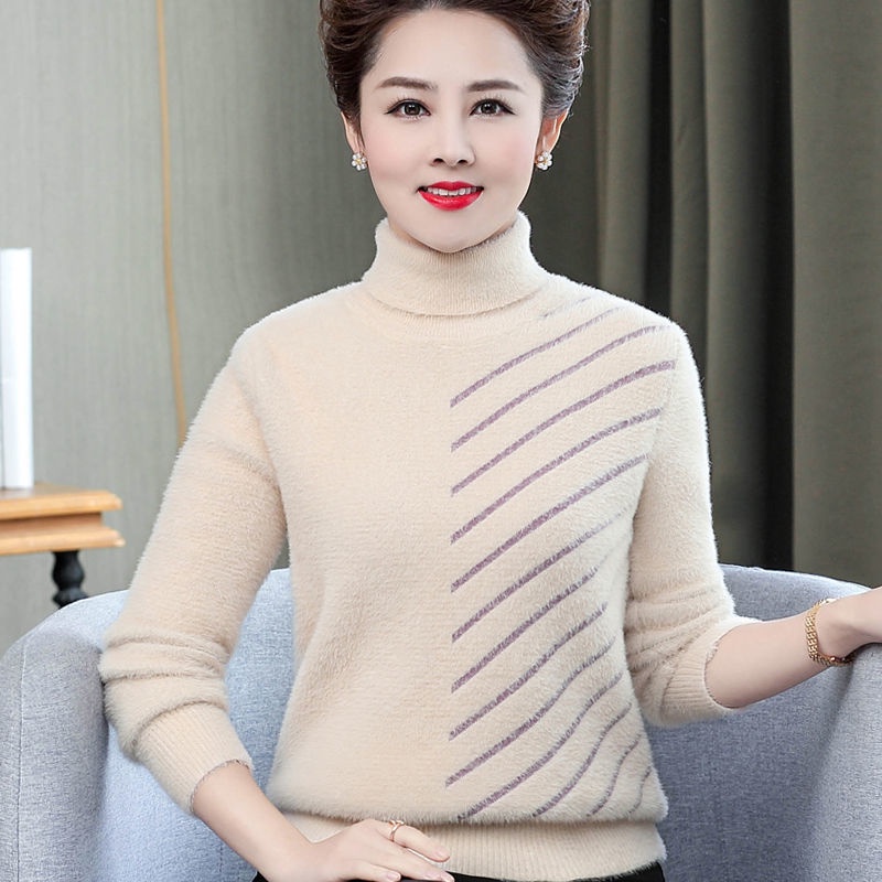 Áo len cao cổ lông chồn nhung của phụ nữ sơ mi cho mùa thu và đông mới dày các bà mẹ trung niên tuổi mặc