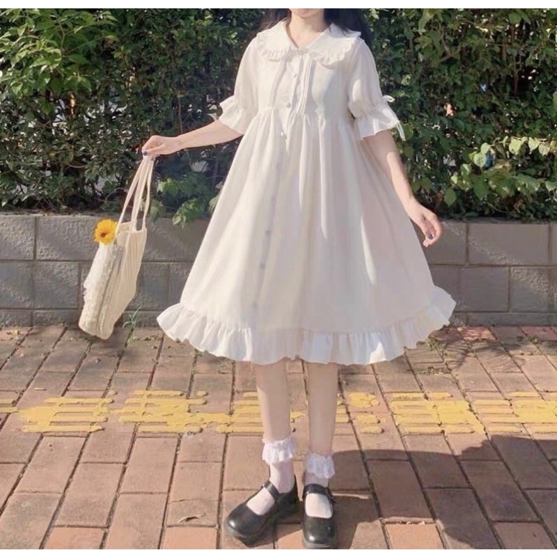 [Ảnh Thật][Hàng Sẵn] Váy Babydoll Trắng Cổ Sen Dài Basic Chụp Kỷ Yếu