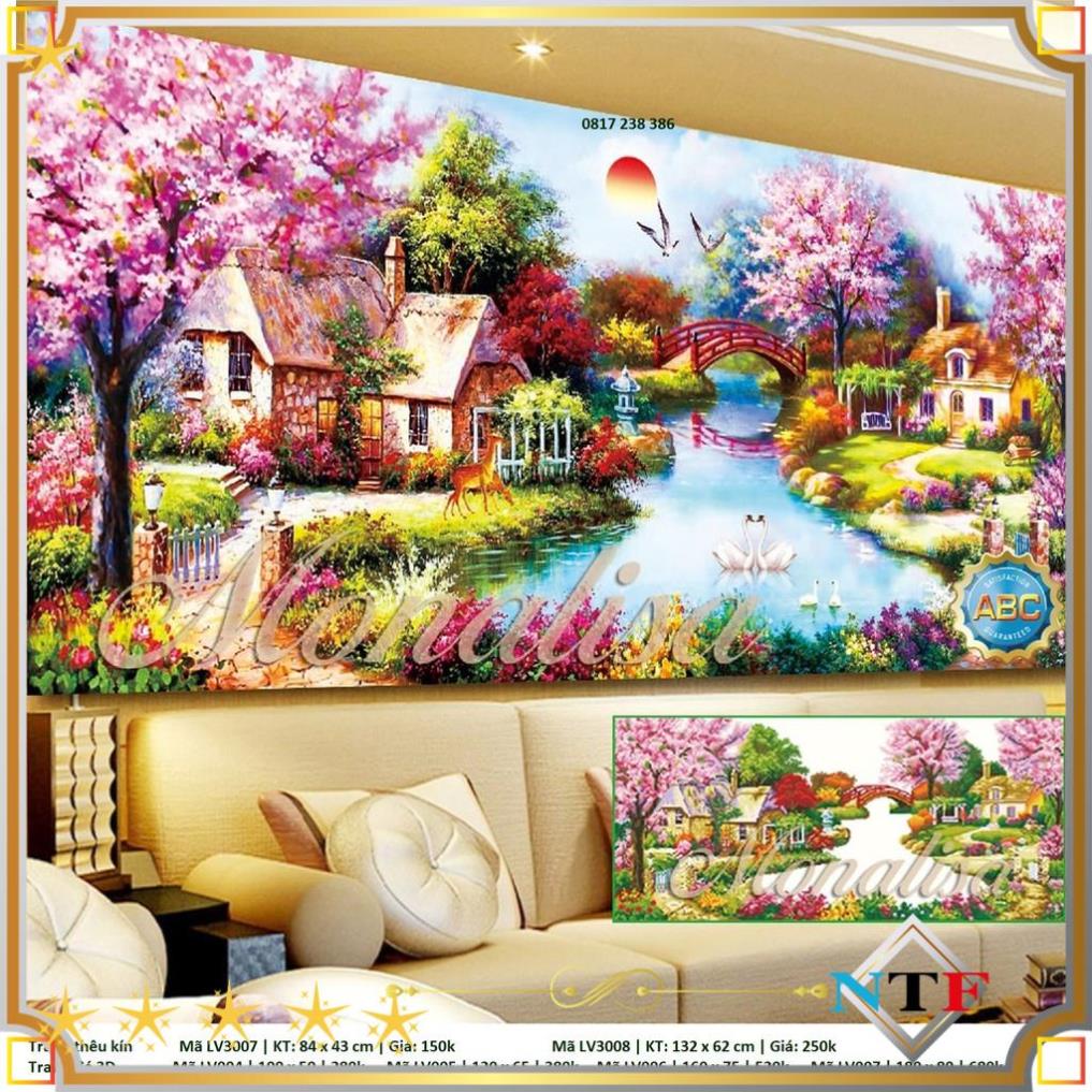 Tranh thêu chữ thập Phong Cảnh Mùa Xuân Ấm Áp LV3007 (84 x 43 cm) LV3008 (132 x 62 cm) - tự thêu - thêu kín