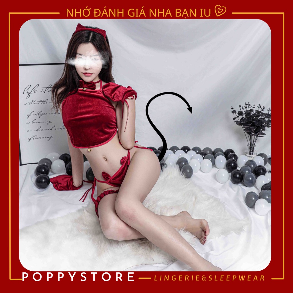 Full set Cosplay cô mèo cute gợi cảm chất liệu nhung kèm quần chip, ao yếm, đuôi mèo, cài tóc, bao tay / mua để nhận quà