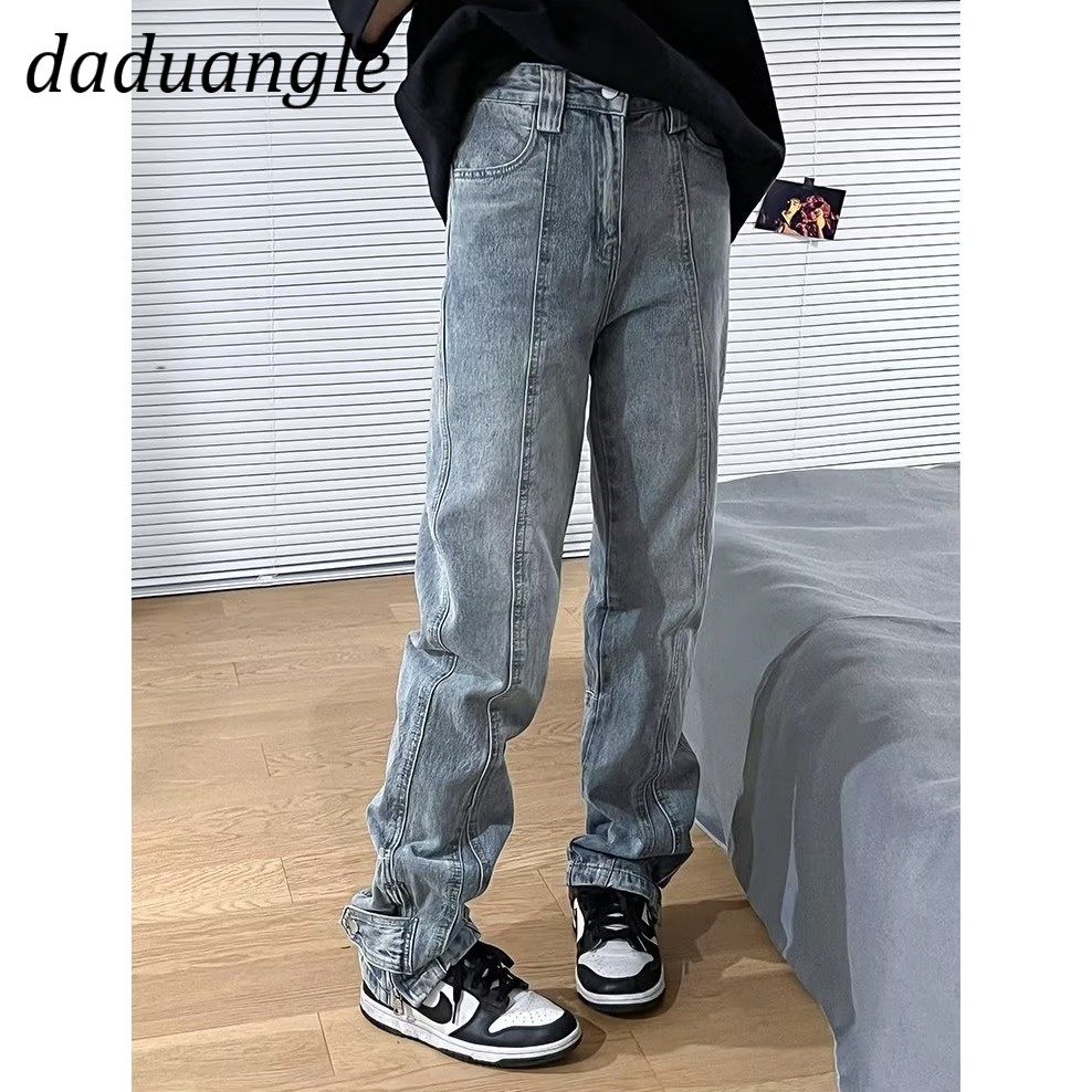 Daduhey Quần dài denim lưng cao ống suông thẳng dáng rộng phong cách retro cổ điển kiểu Mỹ cho nữ