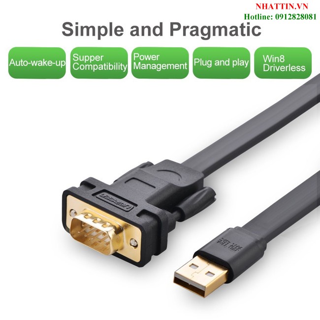 Cáp USB to RS232 dẹt  dài 1m chính hãng Ugreen 20206 cao cấp