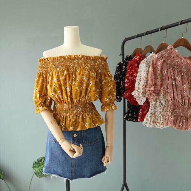 chuyên sỉ:áo kiểu bẹt vai hoa QC