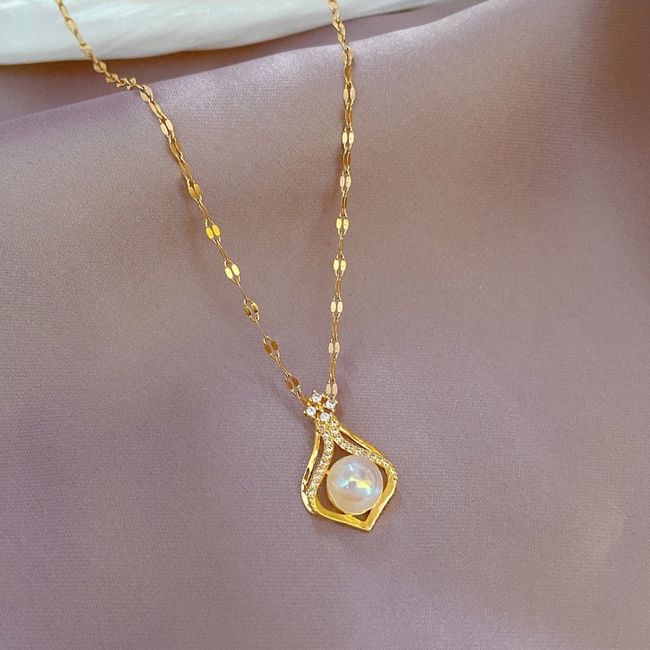 Dây Chuyền Bằng Thép Titan Nhẹ Hình Giọt Nước Nàng Tiên Cá Ji Khảm Vàng Thật ins Transport ins Influencer