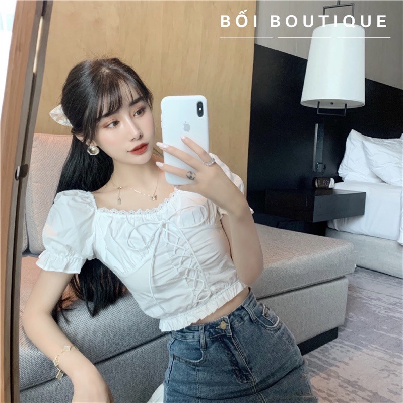 [100% GIỐNG ẢNH] Áo croptop cổ vuông tay ngắn ôm eo hợp thời tang trang hè | BigBuy360 - bigbuy360.vn