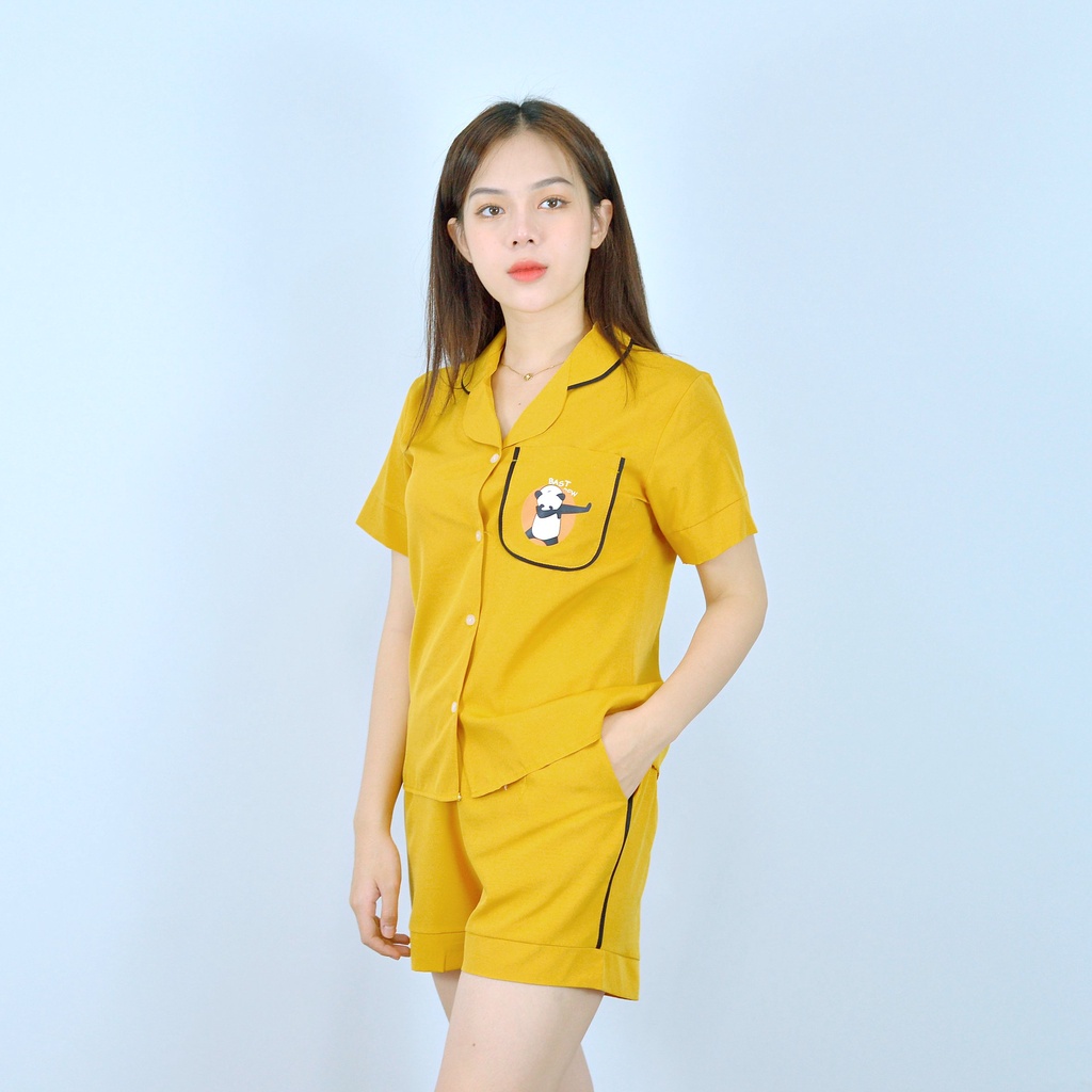 Bộ PIJIMA Nữ màu VÀNG Chất Lụa  Cao Cấp - Quần đùi tay cộc IN 3D con gấu  - Dễ thương - Sang chảnh