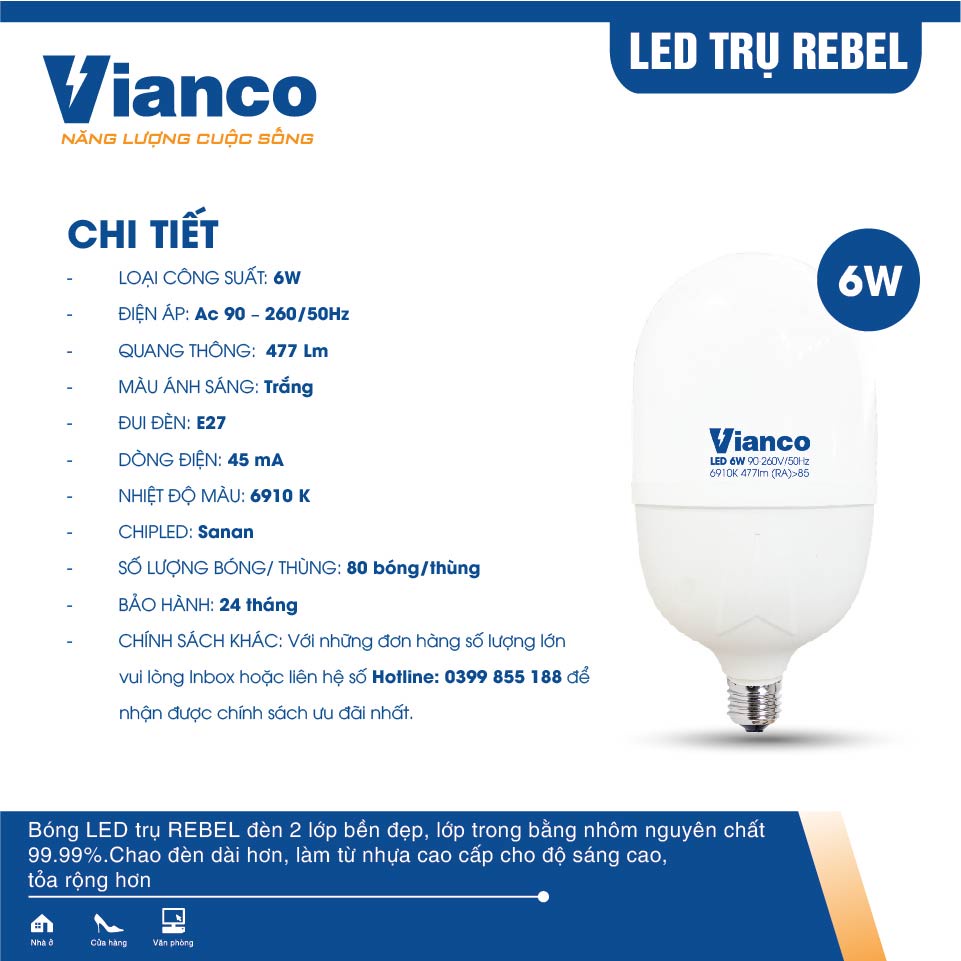 Bóng Led Trụ Rebel VIANCO Thiết Kế Mới Hiện Đại, Công Nghệ Ánh Sáng Thông Minh Bảo Vệ Thị Lực, Công Suất Nhỏ