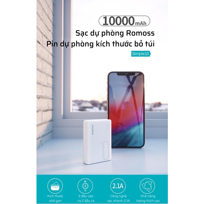 Pin dự phòng 10000mAh, Sạc Romoss Simple10, 3 cổng Input, kích thước nhỏ gọn, tích hợp sạc nhanh, bảo hành 12 tháng