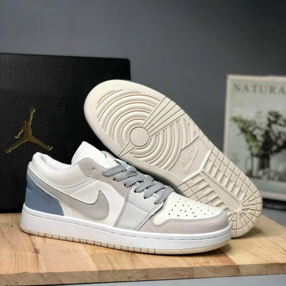 Giày 𝐉𝐨𝐫𝐝𝐚𝐧 1 low paris màu xám gót xanh nam nữ, Giày sneaker JD 1 paris cổ thấp bản đẹp 2021